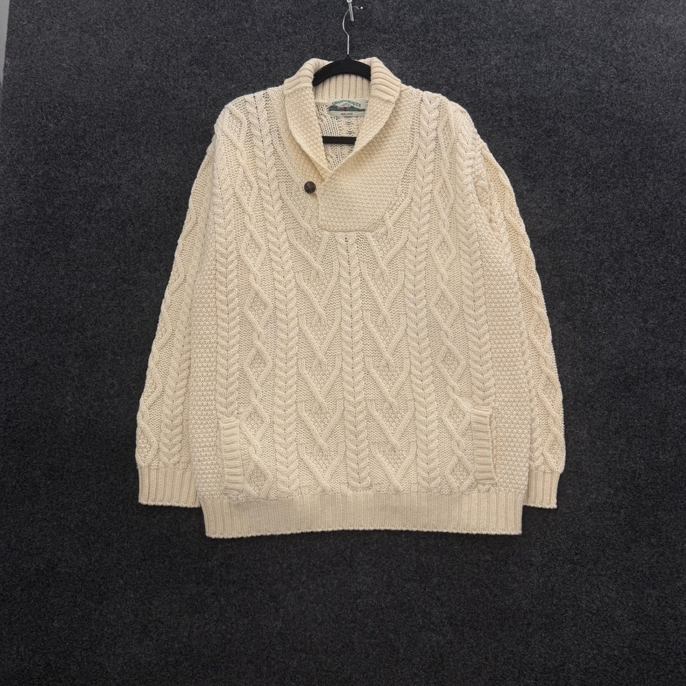 Vintage Aran Crafts Ireland Merino Wool Cable Knit Shawl Collar Sweater Cream XL